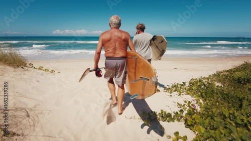 Young and elderly surfers walk towards the ocean with surfing boards and passes the beach in Brazil