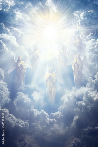 Heavenly Figures Rising Through Clouds Brilliant Light Spiritual Scene