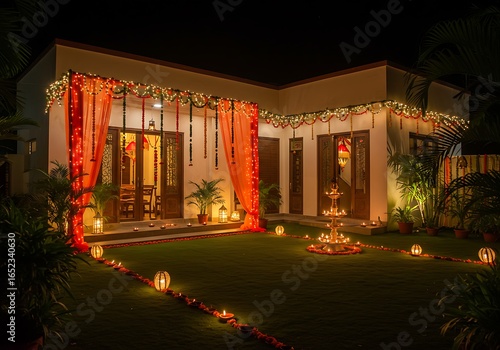 Ganesh chaturthi photo of contemporary indian home exterior decorated with festive lights and orange curtains at night, featuring a beautifully lit pathway and garden for a celebratory mood
