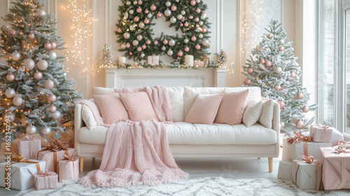 a bright airy living room with pastel-colored Christmas decor, pink and white ornaments, soft lighting