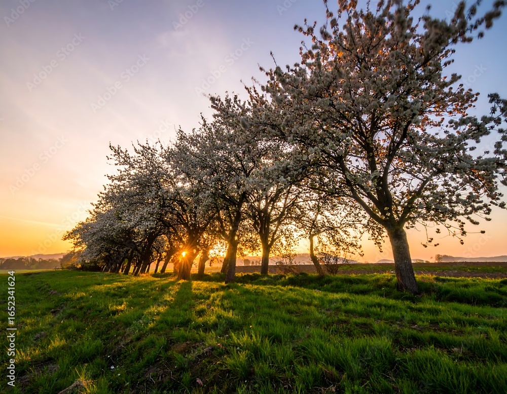 Fototapeta premium Sunset illuminating a row of blossoming trees in a field