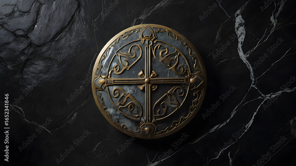 Naklejka premium Overhead marble shield with engraved geometric symbols in cinematic light