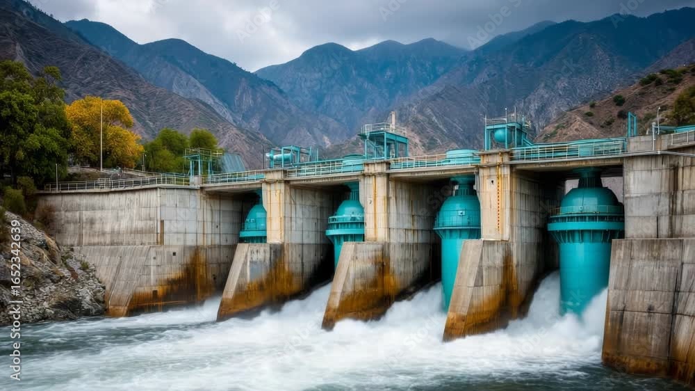 Majestic Hydroelectric Dam Cascading Water with Mountain Backdrop Power Generation Majestic Hydroelectric Dam Cascading Water with Mountain Backdrop Power Generation