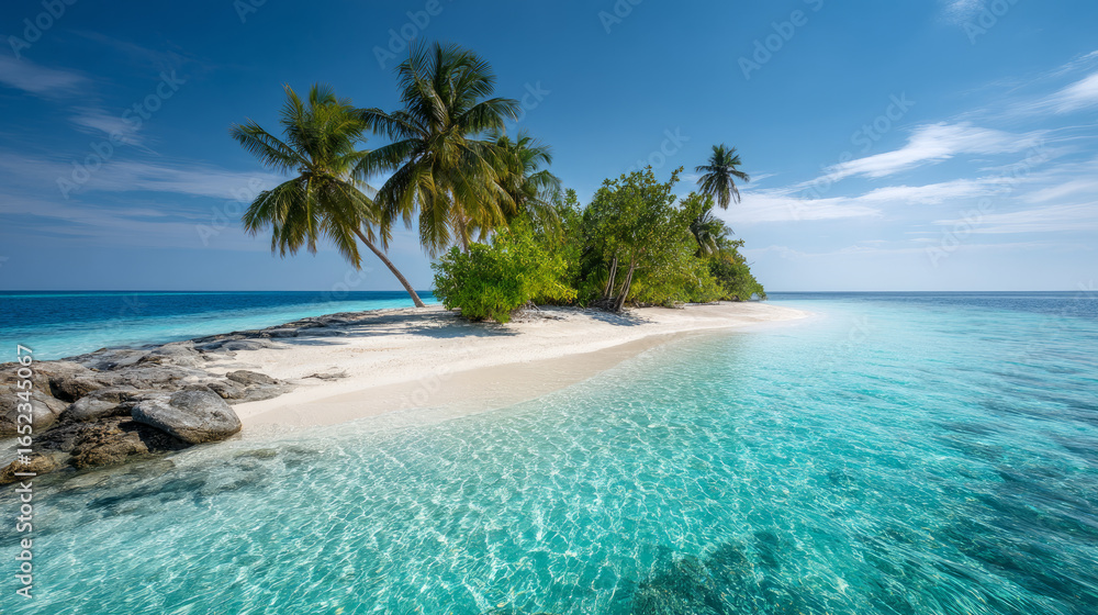Calm close-up of calm sea water waves with palm trees. Beautiful panorama, tropical island beach landscape exotic shore coast. Summer vacation, holiday amazing nature. Sea background Calm close-up of calm sea water waves with palm trees. Beautiful panorama, tropical island beach landscape exotic shore coast. Summer vacation, holiday amazing nature. Sea background