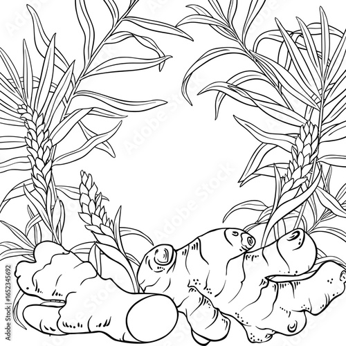 Ginger Branch with Flowers, Roots and Leaves Outline Frame. Organic natural nutritional healthy food ingredient, vegetarian diet product. Vector isolated for design or decoration.