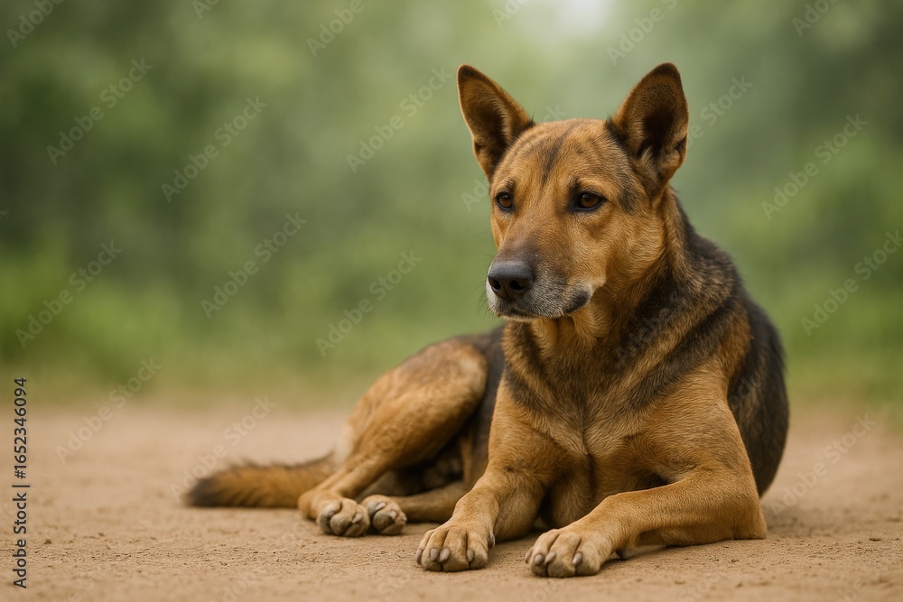 Alert and Loyal Dog Resting Outdoors on a Path with Soft Green Background Alert and Loyal Dog Resting Outdoors on a Path with Soft Green Background
