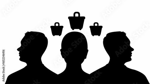 Silhouettes of three people with shopping baskets above their heads in black and white design