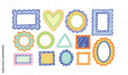 Whimsical floating pastel frames shaped like hearts, ovals, and rectangles drifting together in a childlike creative composition of vibrant color