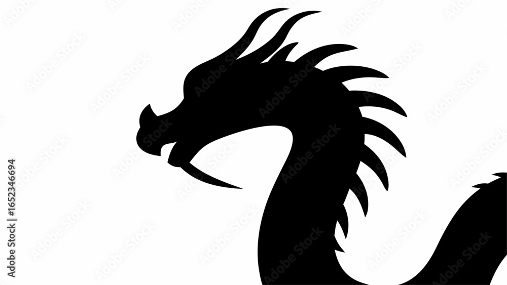 Fototapeta premium Silhouette of a dragon head with horns and a long neck on a white background in a simple illustration