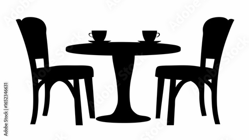 Silhouette of a round table with two cups and two chairs in a cafe setting with simple design