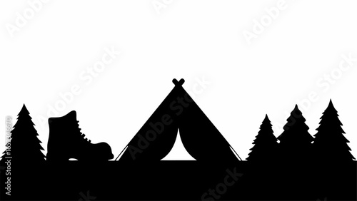 Silhouette of a camping scene with a tent trees and a boot representing outdoor adventures and exploration