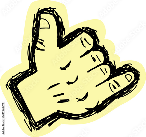 Male wrist call symbol drawn with black lines, grunge style sketch with yellow background outline, back of hand