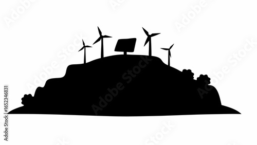 Silhouette of a hill with wind turbines and a solar panel showcasing renewable energy sources on a landscape