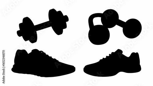 Silhouette depiction of a dumbbell kettlebell and two running shoes arranged symmetrically on a white backdrop