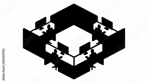 Isometric view of four office cubicles with workers at computers in a black and white illustration