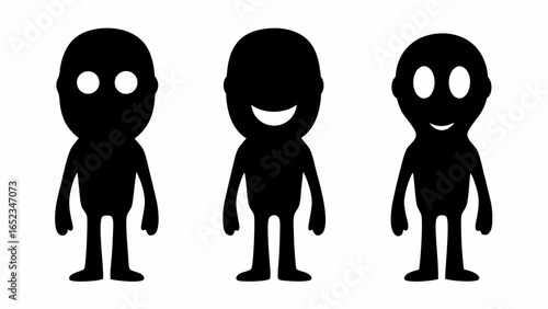 Three cartoonish black figures with different facial expressions standing side by side on a white background