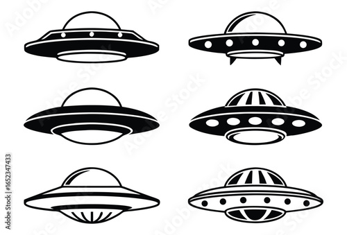 Collection of six retro style flying saucer ufo illustrations in black and white