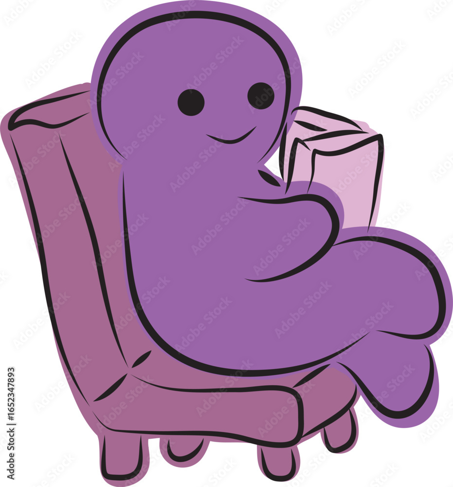 Obraz premium Funny purple man sitting in a chair and reading a book, hand drawn with a black brush in curved lines