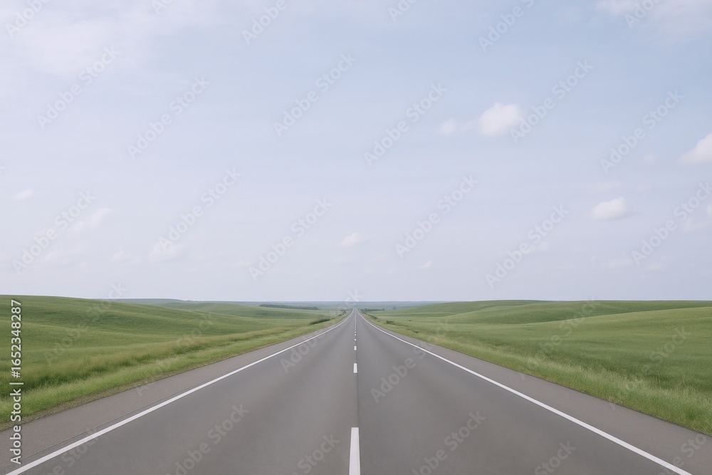Fototapeta premium Scenic Route: Long Straight Road Through Green Fields Under a Pastel Blue Sky