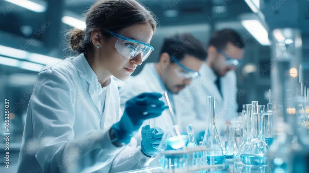 Focused Scientists Working in Modern Laboratory Conducting Experiment with Blue Liquid Focused Scientists Working in Modern Laboratory Conducting Experiment with Blue Liquid