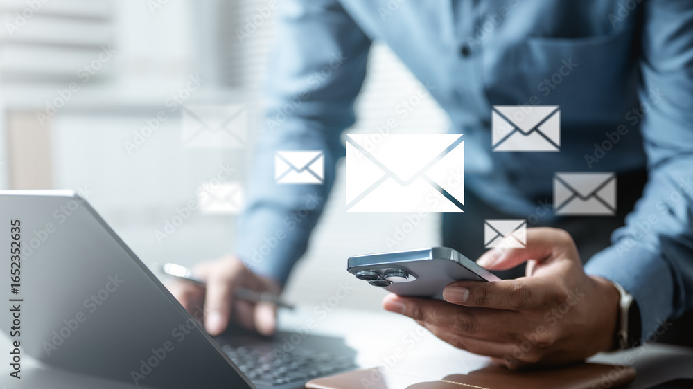 Fototapeta premium Email marketing concept. Mail newsletter send. Receive envelope email. Message contact reminder. Technology marketing.