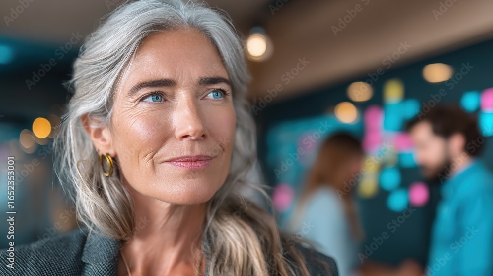 Obraz premium Confident Mature Businesswoman with Gray Hair in Modern Office, Team Collaboration in Background