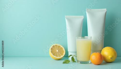 Cosmetic Tubes, Citrus Fruits, and Juice on Blue Background