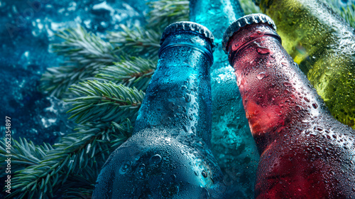 Cold beverage bottles with condensation among festive greenery