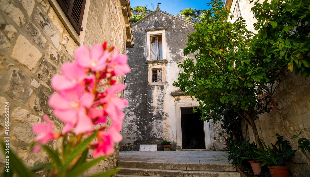 Fototapeta premium A charming alleyway with pink flowers and old stone buildings