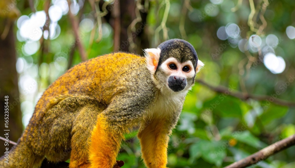 Obraz premium A wild Common Squirrel Monkey with vibrant yellow fur perched on a tree branch in a lush tropical rainforest.