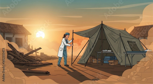 Doctor setting up field hospital tent amidst debris-filled post-disaster landscape at sunset to provide medical care in a destroyed area reflecting dedication and resilience