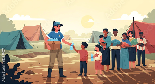 Humanitarian assistance provided at a displaced persons camp with volunteers distributing essential supplies such as bottled water to families and children needing assistance