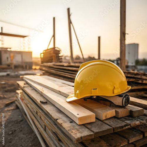 Yellow Construction Safety Helmet on Lumber at Worksite During Sunset