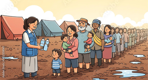 Illustration depicting a humanitarian aid distribution to families displaced by natural disaster standing in a long line near an emergency refugee camp site after a weather event