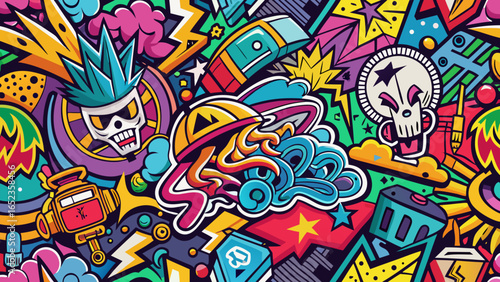 Colorfu graffiti art vector illustration, urban street murals and tags for street art enthusiasts