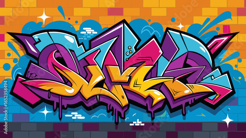 Colorful Graffiti Art Word Design on Brick Wall Background with Splashes and Stars