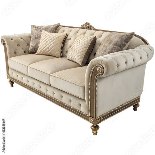 Classic Tufted Victorian-Style Beige Sofa with Ornate Detailing