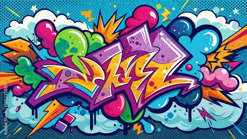 Vibrant Graffiti Art with Bold Letters and Explosive Shapes on Textured Background