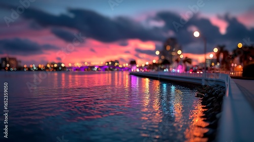 West Palm Beach Royal Park Bridge Marina  at sunset, with a bokeh effect casting a dreamy glow over the water.