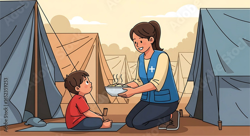 Humanitarian Aid in a Disaster Zone: Volunteer Serving Food to Child in a Camp Setting with Tents and Warm Colors, Reflecting Hope and Community Support Amidst Difficult Circumstances
