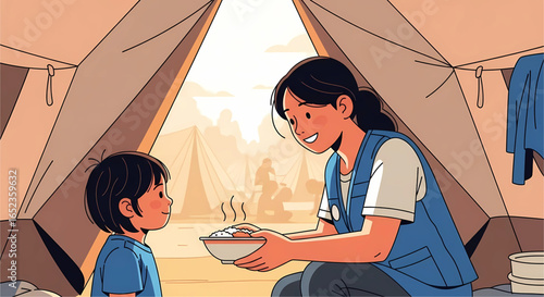 A compassionate volunteer offers a steaming bowl of rice to a child within the confines of a temporary tented refugee camp, symbolizing hope and aid in adversity