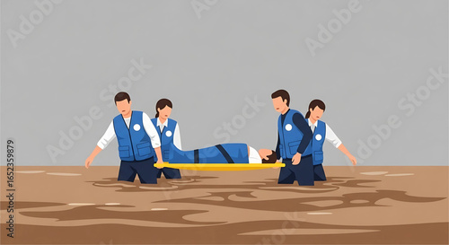Emergency responders navigate floodwaters to rescue a victim, carrying them on a stretcher to safety, emphasizing the critical response during a natural disaster