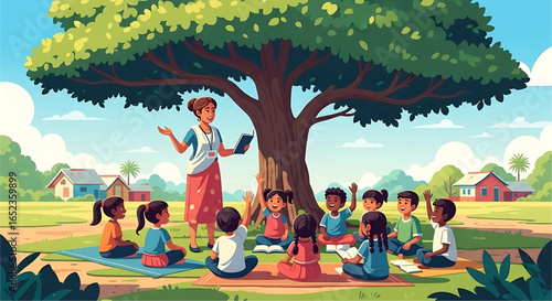 An outdoor classroom scene depicting a teacher educating children beneath a large, shady tree on a sunny day surrounded by lush greenery and countryside homes emphasizing the joy of learning in nature