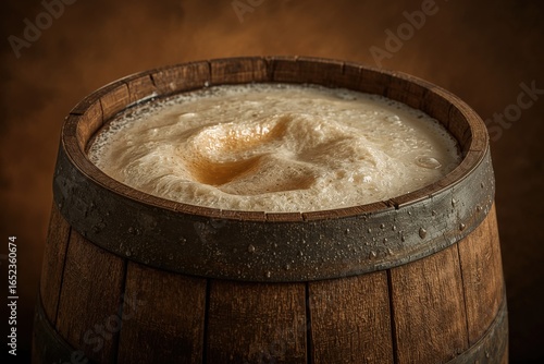 Craft Beer Refreshment: Traditional Wood Barrel Brew with Foam Head and Pint in Rural Brewery Setting for Socializing and Cheers