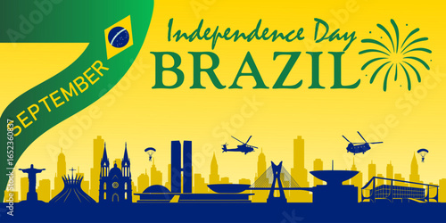 Independence Day Brazil Banner. September 07. silhouettes of iconic Brazilian landmarks. Vector Illustration
