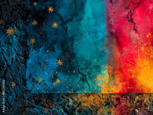 Vibrant explosion of colors blending across a textured surface with star-shaped accents and gold splatters