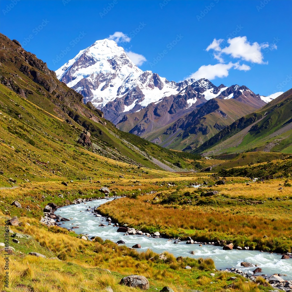 Fototapeta premium Serene mountain valley with a meandering river flowing towards a snow-capped peak under a clear blue sky