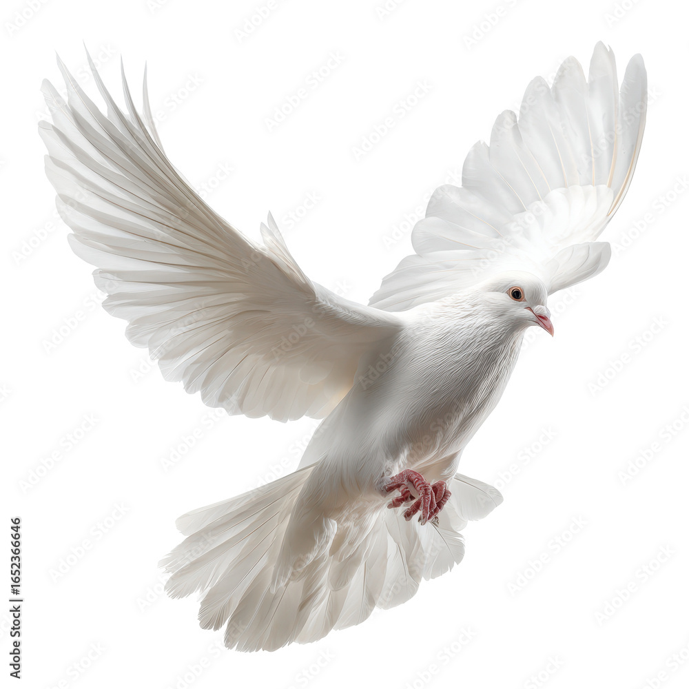 Obraz premium White dove in mid-flight with spread wings against a plain background showcasing grace and beauty