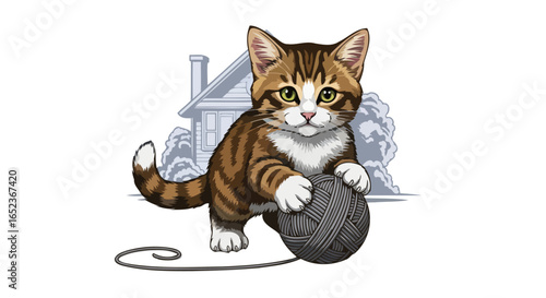 adorable kitten playing with yarn transparent background vector illustration