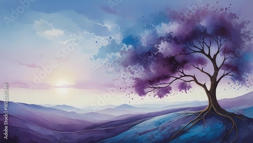 landscape with trees and clouds purple background